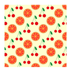 Seamless pattern with juicy citrus orange and cherry fruits. Ideal for printing on textiles, wallpaper, healthy food packaging, wrapping paper. Vector