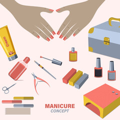 Female manicured hands. Vector set with nail scissors, polish, cream. Concept for nail studio, salon.