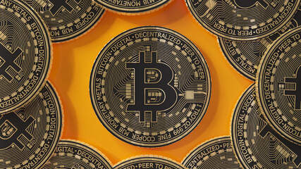 3d rendering of a lot of bitcoins gold and black over orange background