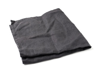 Side view on folded dark black linen napkin isolated on white background. Anthracite grey linen...