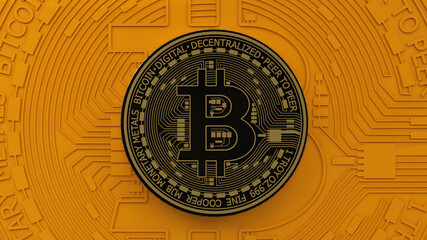 3d rendering of an bitcoin gold and black over orange background