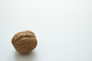 Close up of one whole walnut on white background