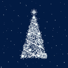 White snowflakes christmas tree on blue background