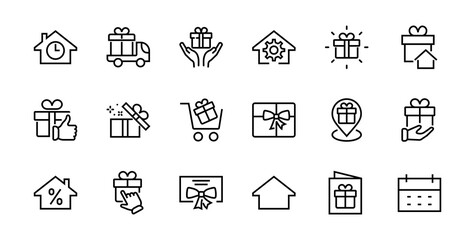 Gifts Linear Icons Set contains Gift Box, Gift Buying, Gift Delivery, Gift Geolocation mobile application, Gift notification, SMS. Editable Barcode, Vectar Icons