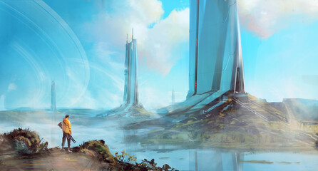 A science fiction scene of a man looking at technlogically advanced building, under an open blue sky. © alexmonge