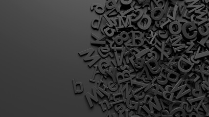 Rendering of 3D black alphabet letters over black background