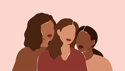 Three beautiful women with different skin colors stand together. Abstract minimal portrait of girls face to face. Concept of sisterhood and females friendship.  Vector illustration - 395045751