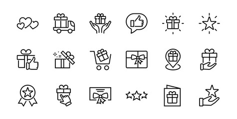 Gifts Linear Icons Set contains Gift Box, Gift Buying, Gift Delivery, Gift Geolocation mobile application, Gift notification, SMS. Editable Barcode, Vectar Icons