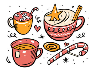 A set of illustrations featuring hot beverages in glasses, including cocoa, coffee, and tea. Perfect for cozying up during chilly days.