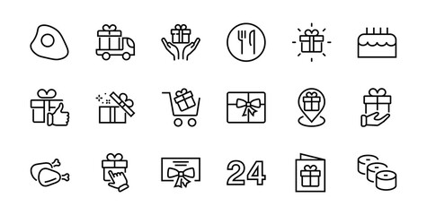 Gifts Linear Icons Set contains Gift Box, Gift Buying, Gift Delivery, Gift Geolocation mobile application, Gift notification, SMS. Editable Barcode, Vectar Icons