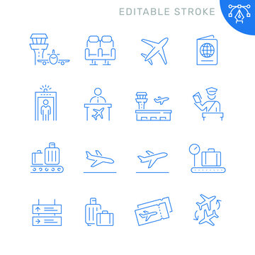 Airport related icons. Editable stroke. Thin vector icon set