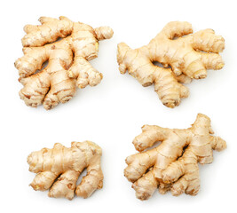 Ginger fresh and whole set on white background, isolated. The view from top