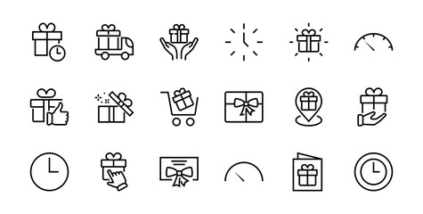 Gifts Linear Icons Set contains Gift Box, Gift Buying, Gift Delivery, Gift Geolocation mobile application, Gift notification, SMS. Editable Barcode, Vectar Icons