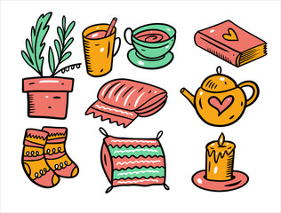 Hygge and cozy home set objects. Hand drawn doodle style.