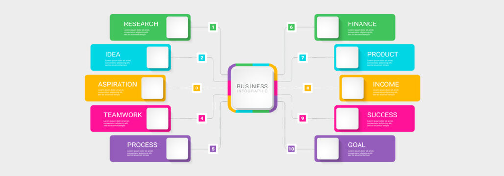 Modern 3D Infographic Template with 10 Steps. Business Process Chart with Options for Brochure, Diagram, Workflow, Timeline, Number Options. Vector EPS 10