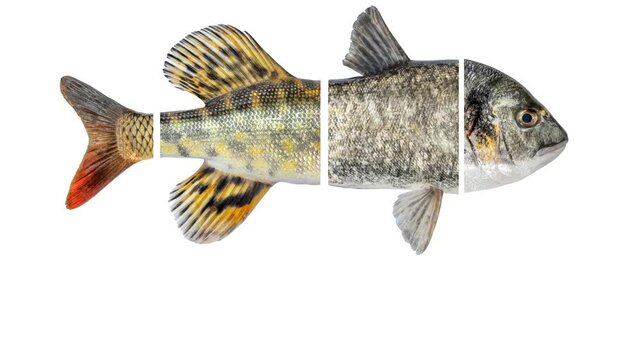 Fish mosaic, isolated. Piece of Dorado, silver carp, pike, carp. Fish shaking.