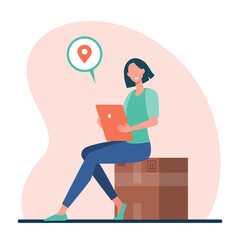 Woman with tablet mailing package. Sender inserting address online, sending big box flat vector illustration. Shipping, logistics, delivery concept for banner, website design or landing web page