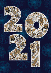 .2021 Happy New Year greeting card design. Vector winter holiday illustration with  2021 numbers Christmas illustration with motifs from the Nutcracker ballet. Silver and gold colors.