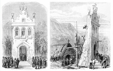 Two sides of particular Santa Cruz church (state of Espirito Santo, Brazil), front and side view. Ancient grey tone etching style art by Riou and Laly, Le Tour du Monde, Paris, 1861