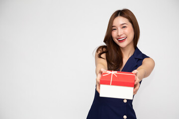 Happy beautiful Asian woman smile with red gift box isolated on white background. Teenage girls in love, Receiving gifts from lovers. New Year, Christmas and Valentines Day concept