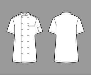 Shirt bakers chefs uniform technical fashion illustration with short sleeves, welt pockets, relax fit, double breasted button-down. Flat template front, back white color. Women men top CAD mockup