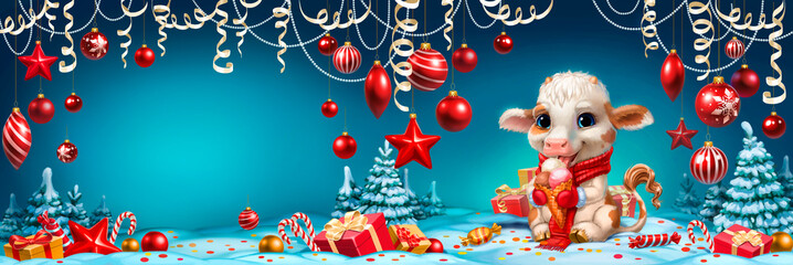 calf with a New Year's gift, on a snowy background with Christmas trees and decorations