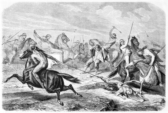 Auguste Guinnard and his companion surrounded and attacked by horseback Poyuches natives, in Patagonia. Ancient grey tone etching style art by Gauchard and Castelli, Le Tour du Monde, Paris, 1861