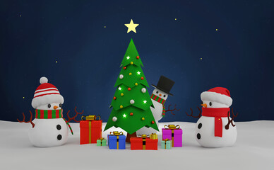 Snowman family outdoors falling snow winter Holidays 3d render 3d illustration.