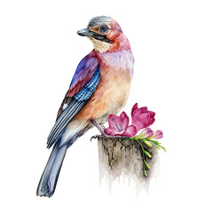 Jay bird with freesia flower realistic watercolor image. Hand drawn wild forest europe avian single illustration. Common jay bright close up element. Beautiful sitting bird on white background.