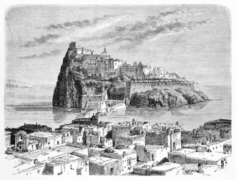 Ischia island and roofs cityscape top view, at nirthern end of the Gulf of Naples, Italy. Ancient grey tone etching style art by Therond and Trichon, Le Tour du Monde, Paris, 1861