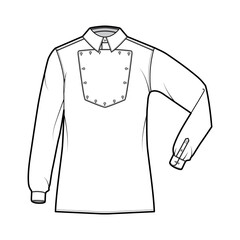 Shirt cavalry Officer technical fashion illustration with bib, elbow fold long sleeves, relax fit, classic collar. Flat wild west style template front, white color. Women men top CAD mockup