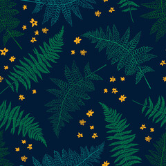 The seamless pattern with fern leaves and flowers is Ideal for fabrics, packaging textiles and templates. Simple Linear  minimalist boho pattern.