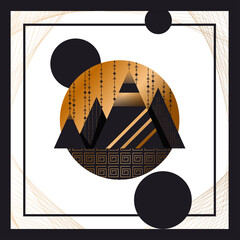 of a modern poster design featuring abstract mountains with a geometric pattern on a linear background. luxury background design for printing covers, invitations, packages, postcards, fabric. EPS 10