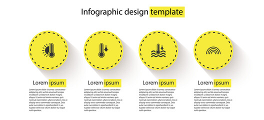 Set Thermometer with sun, Meteorology thermometer, Water and Rainbow. Business infographic template. Vector.