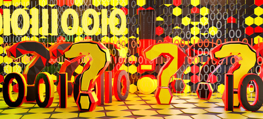 Obraz premium digital Germany concept. colors of Germany, question marks and binary code 3d-illustration