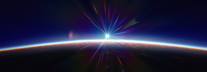Fototapeta na wymiar Earth sunrise from space over cloudy ocean. 3d rendering