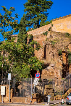Rupe Tarpea - Tarpeian Rock - steep cliff on the south side of the Capitoline Hill, used during the Roman Republic as a site of execution - Rome, Italy.