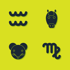Set Aquarius zodiac, Virgo, Rat and Horse icon. Vector.