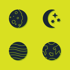 Set Eclipse of the sun, Planet Earth, Jupiter and Moon and stars icon. Vector.