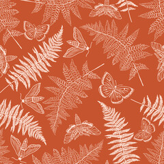 Seamless pattern with fern leaves, butterflies and moths. Ideal for fabrics, packaging textiles and templates. Simple Linear  minimalist boho pattern. - 395053556