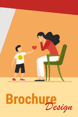 Little boy giving heart to sad mother. Love, care, childhood flat vector illustration. Relationship and family concept for banner, website design or landing web page