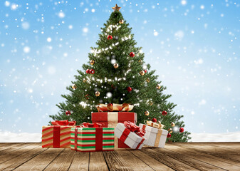 festive christmas gifts on wooden floor 3d-illustration background