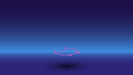 Neon dolphin symbol on a gradient blue background. The isolated symbol is located in the bottom center. Gradient blue with light blue skyline