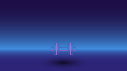 Neon dumbbell symbol on a gradient blue background. The isolated symbol is located in the bottom center. Gradient blue with light blue skyline