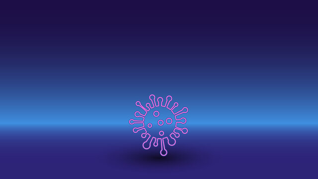 Neon coronavirus symbol on a gradient blue background. The isolated symbol is located in the bottom center. Gradient blue with light blue skyline
