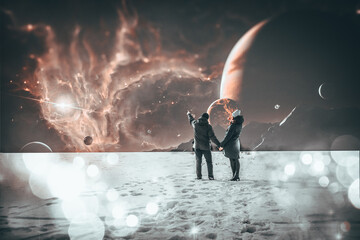 a couple in the snowy steppe looks at space. lovely couple. love. Fantasy in sky. Amazing sky. Sky like space.