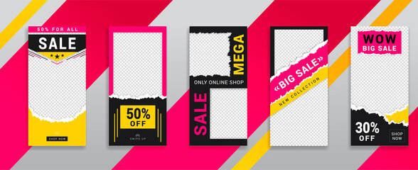 Social media stories templates set for online shop in torn paper style. Big, mega sale, new collection.