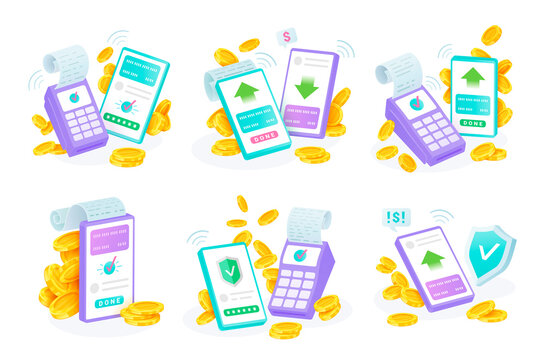 Contactless payments set. Mobile transfers, financial transactions. Online checkout, POS terminal.