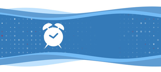 Blue wavy banner with a white alarm clock symbol on the left. On the background there are small white shapes, some are highlighted in red. There is an empty space for text on the right side