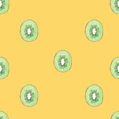Seamless pattern illustration with green kiwifruit isolated on orange background - 395055359